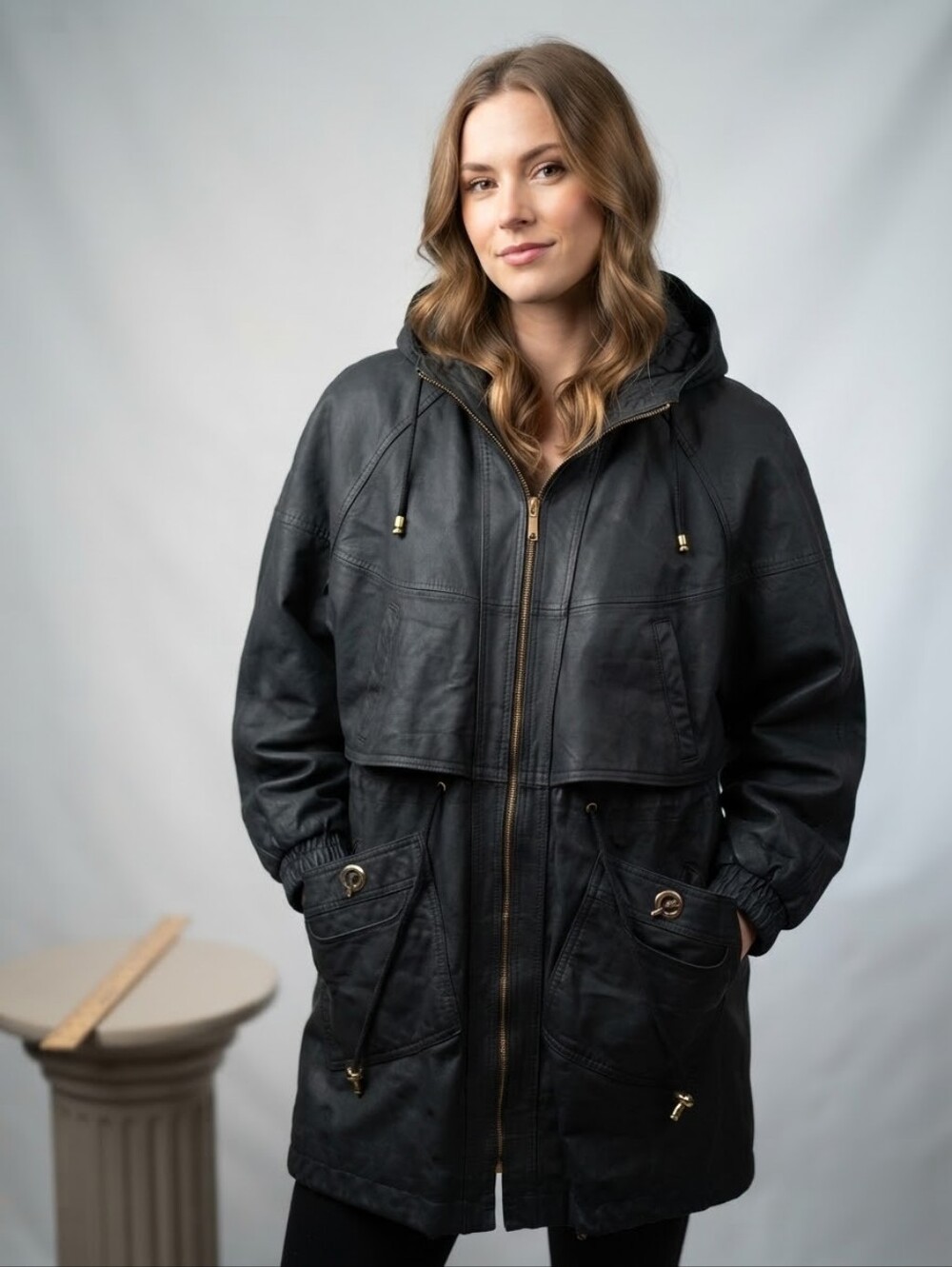 Vintage Marco Morani Black Genuine Leather Hooded Parka Jacket Coat Plus Size 1X